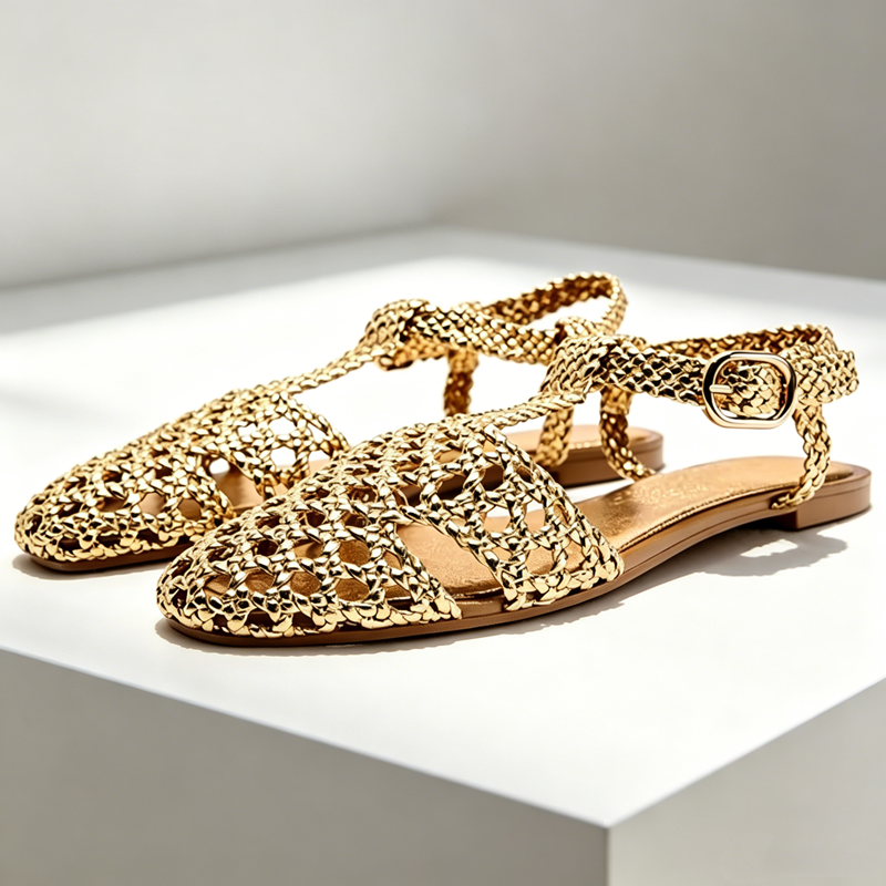 Golden Mesh Woven Flat Sandals - Mesh Strap Metal recension och pris